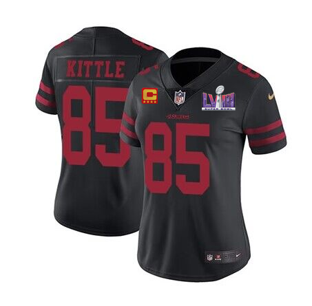 Women's NFL San Francisco 49ers #85 George Kittle Black Super Bowl LVIII Patch And 4-star C Patch Vapor Untouchable Limited Stitched Jersey(Runs Small)
